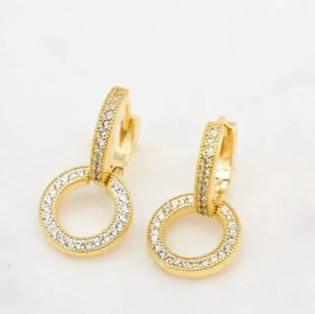 Simulated Diamond Dangle Drop Huggie Hoop Earrings in 14K Yellow Gold Plated
