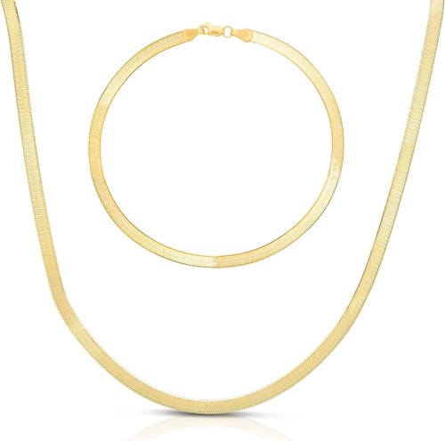 Floreo 14k Gelbgold 3mm Massiv Fischgrät Kette Halskette und Armband Set - Bild 1 von 8