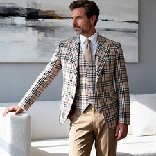 Fashion Mens Plaid Suits Single Breasted Notc...