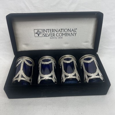 International Silver Co. 2 Sets of Cobalt Blue Glass Shakers with Silver Lids