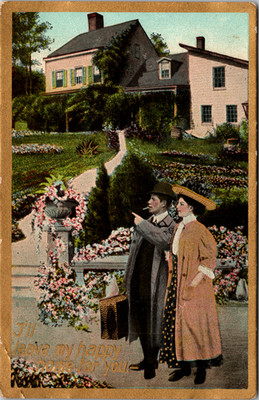 Postcard I'll Leave My Happy Home for You, Gold Edging, Hand-Colored, Couple