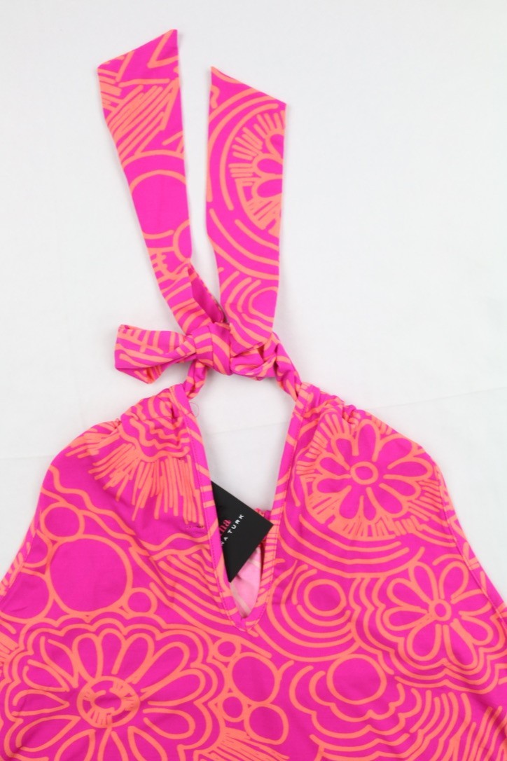 $168 NWT Trina By Trina Turk Juju Mini Women M Coral Multi Print Halter Dress