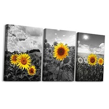 Large size Canvas Wall Art 16 24inches 3pcs Black And White Yellow Sunflower