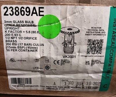 Box of 50 - Viking 23869AE VK3001 Sprinkler Heads, 3mm Glass Bulb Quick Response