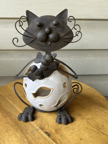 Rustic Metal Cat Ceramic Fish Inset Candle Holder Luminary 10" As-Is See Notes