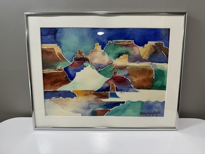 18''x14'' Framed abstract watercolor southwest landscape painting, signed