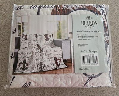 De Leon Quilt Throw  Fleur De Lis French Country Farmhouse 50 X 60 Inch New Pkg