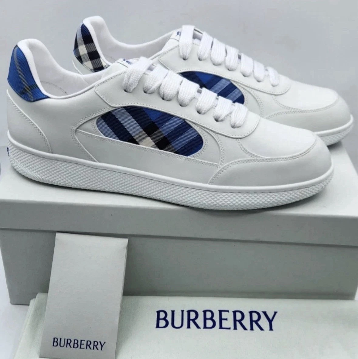 Burberry — Burberry Terrace Mix Check Men's White/Hyacinth Leather Sneakers EU46 US13