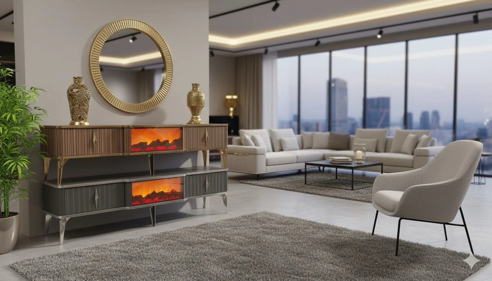 Sideboard Art Deco mit Kamin 160 cm – Modernes Design, LED-Beleuchtung, Zimmer - Bild 3 von 4