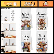 Funny Highland Cow Hand Towels Set of 4, Farmhouse Floral Bathroom Decor, 16x24
