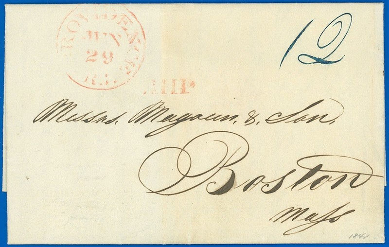 JUN 29 1841, MATANZAS to Provid. RI to Boston, Stampless FLS, Red SHIP Auxiliary