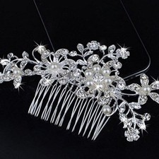 Bridal Jewellery Silver Rhinestone Crystal Wedding Flower Pearls Hair Comb Clip