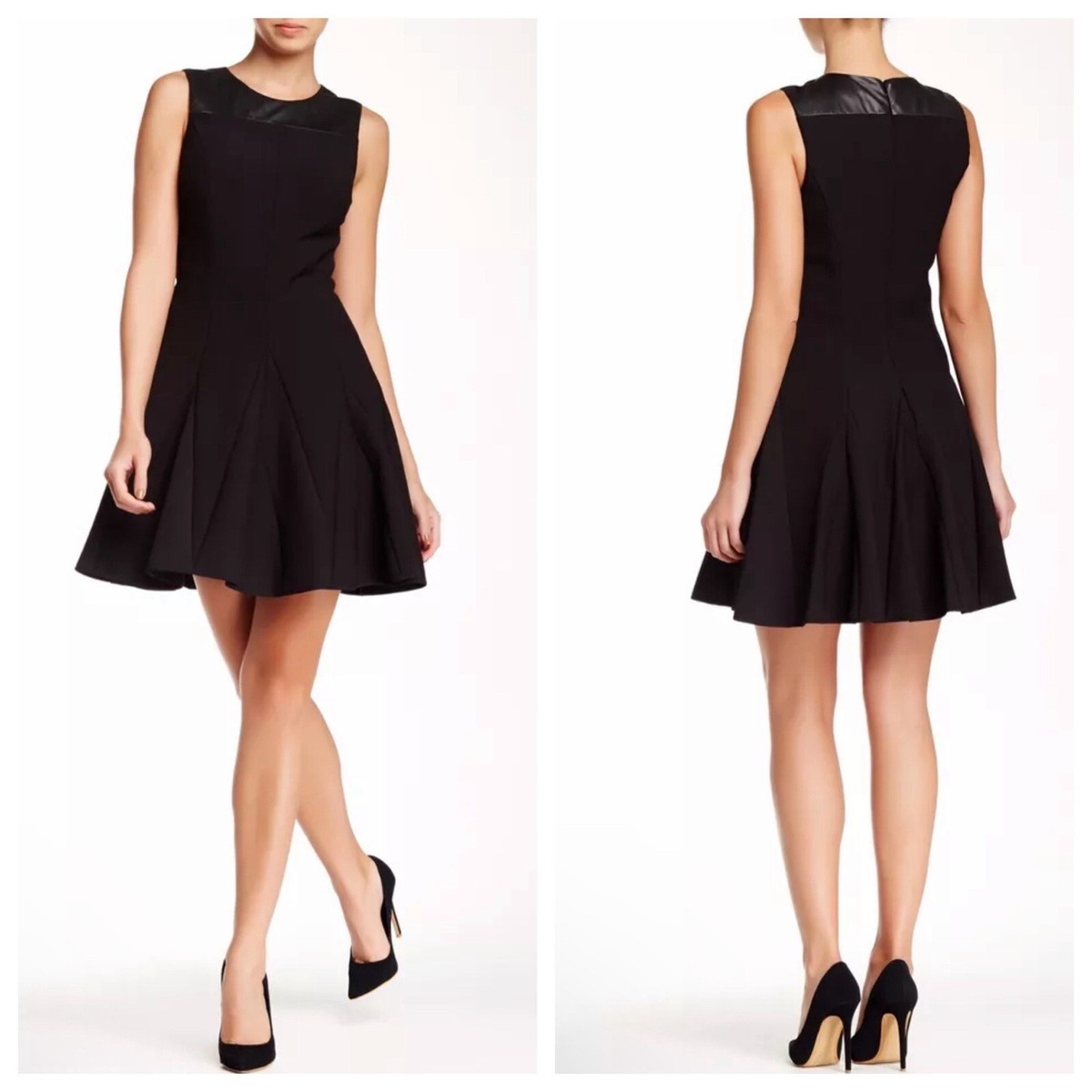 Halston Heritage Sleeveless Leather Trim Panel Fit And Flare Dress Size 2-4 Halston Heritage Sleeveless Leather Trim Panel Fit And Flare Dress Size 2-4