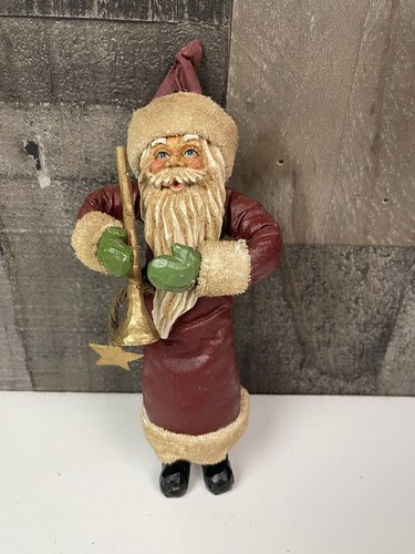 Vintage 10" Weihnachtsmann mit Goldhorn Trompete grüne Handschuhe goldene Sterne burgund Outfit - Bild 1 von 15