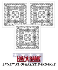 3-XL Hav-A-Hank BIG SIZED WHITE PAISLEY 27" BANDANNA Head Wrap Face Mask Scarve