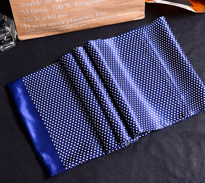 100% Silk large  satin Scarf men neckerchief Wrap dot navy blue white MY1 - image 2 of 2