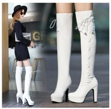 Women's boots block high heel round toe shoes fashion boots knee high leg comfy