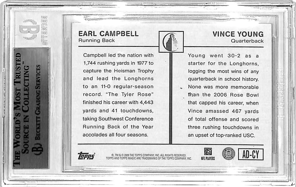Tarjeta Longhorns firmada 2009 Topps Magic Earl Campbell & Vince Young BAS losa Foto 3 de 3