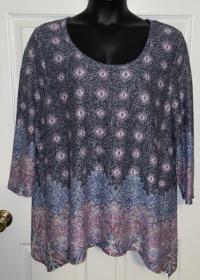 Absolutely Famous Plus Sz 3X Blue Paisley S/S Stretch Pullover Top EUC