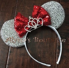 Minnie Mouse Ears Headband Princess Rhinestone Tiara Silver Red Glittery Bow