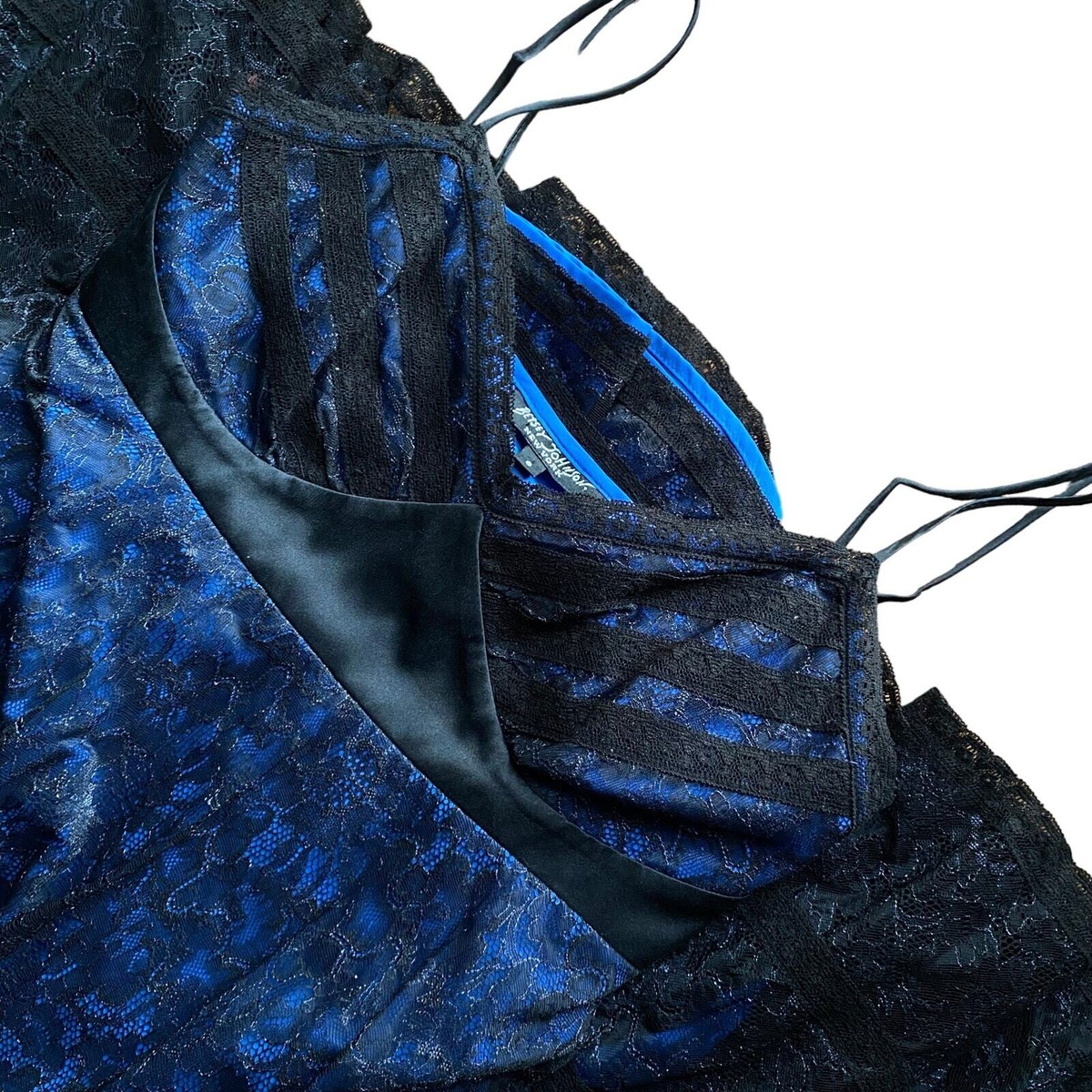Betsey Johnson New York 90's black label silk black lace overlay blue dress sz 8 Betsey Johnson New York 90's black label silk black lace overlay blue dress sz 8