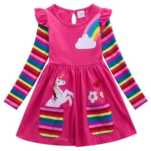 2023 Bebé Niña Unicornio Fiesta Vestido Arco Iris Manga Larga Princesa Vestido Nuevo - Imagen 9 de 15