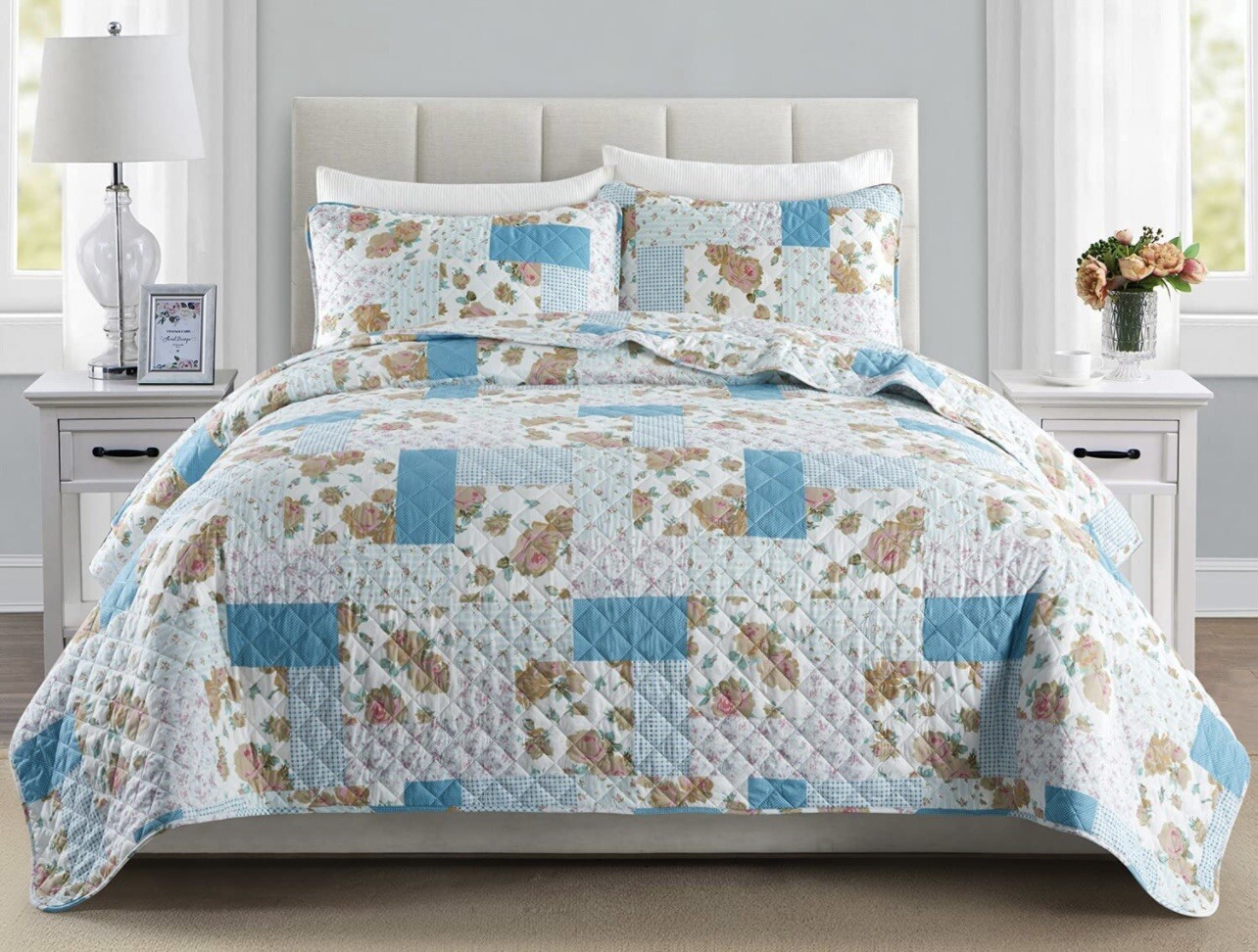 EXQ Home Quilt Set Full Queen Size / 3 Piece Lightweight Microfiber
