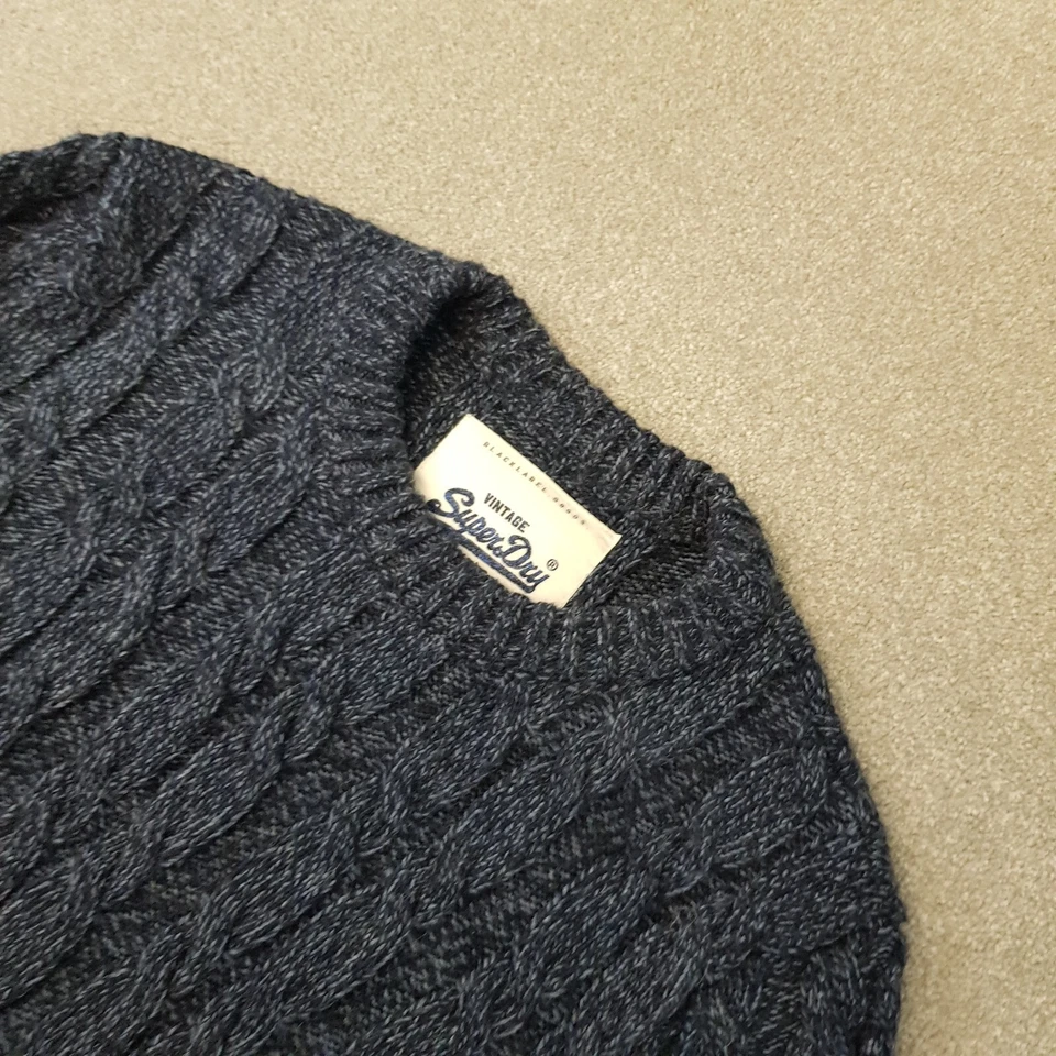 Superdry Mens Jumper Medium Navy Blue Cable Chunky Knit Sweater Wool Blend - Image 3 of 4