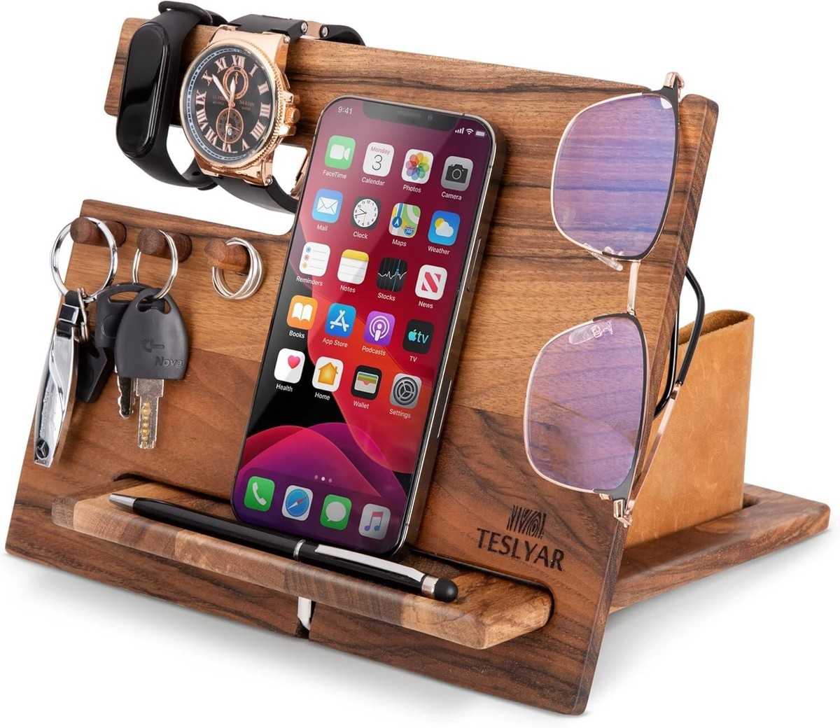 Wooden Docking Station Mobile Phone Holder Bedside Table Organiser