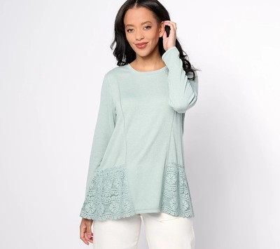 LOGO by Lori Goldstein Scoop Neck Knit Top w/ Crochet Lace Blue Mist S A644345