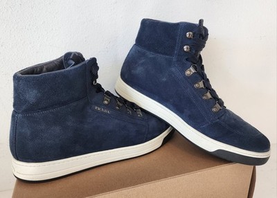 Size 6 UK - Prada High Sneakers Navy Blue White Suede Shoes 7M or