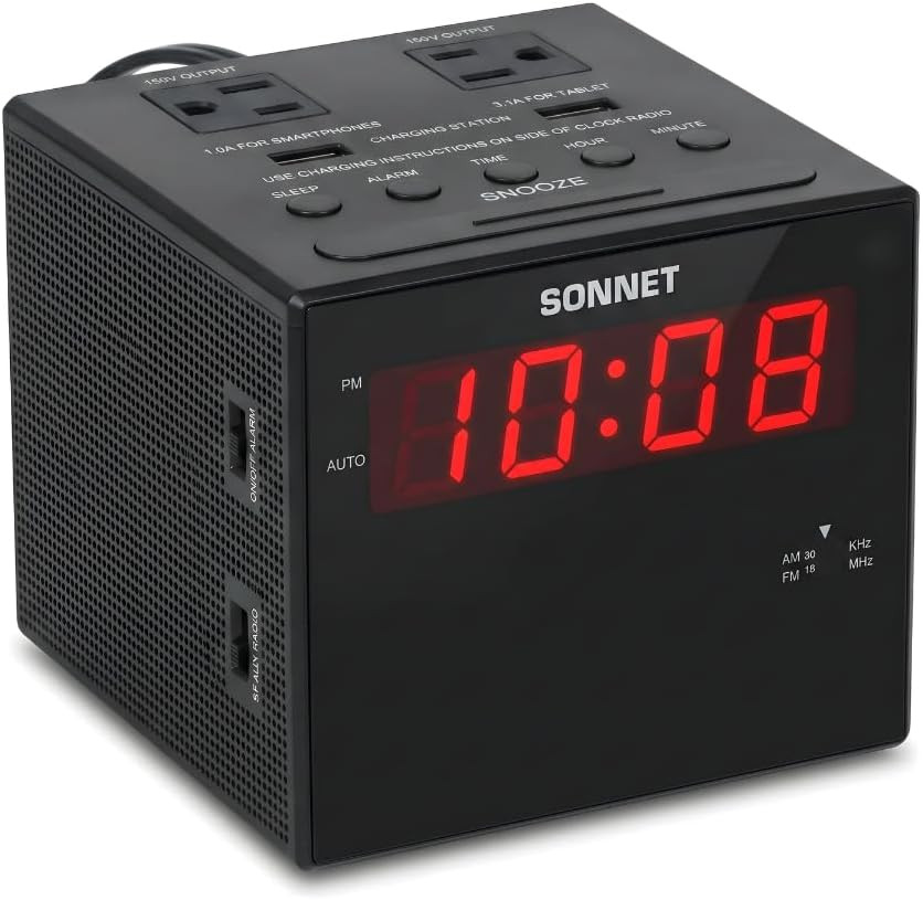 Alarm Clock Charging Station, AM FM Radio, Dual USB Charging Ports, Dual AC Outl