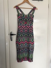 River Island 10 Multicoloured Aztec Print Cutout Cross Straps Bodycon MIDI Dress