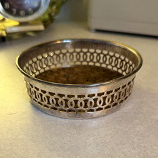 vintage silver-plated wine bottle coaster w/ Brown Cork Insert
