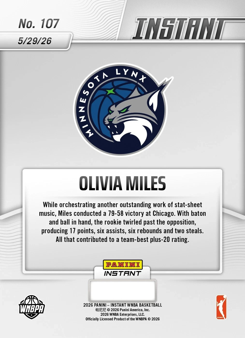 OLIVIA MILES rookie - 2026 Panini Instant WNBA #107 Lynx RC - **SHIPS TODAY** view 2