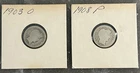 1903 O, 1908 P BARBER DIMES, CIRCULATED, UNGRADED