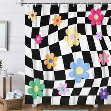 Black and White Groovy 70S Shower Curtain, Cute eclectic Retro Floral Checker...