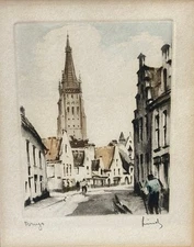 Vtg Framed Signed Colored Etching Art Print Bruges Belgium Church Of Our Lady