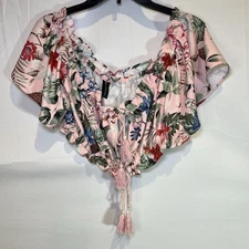 MINKPINK Aloha Crop Top Pink Floral Tie Front Size Medium Beach Hawaiian Tassels