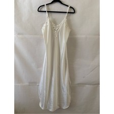 Vintage Dentelle White Satin Slip Dress Size M Midi Lace Trim Nightgown Bridal