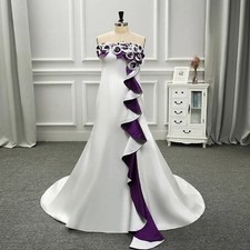 Vintage White Purple Mermaid Wedding Dress Strapless Satin 3D Flower Bridal Gown