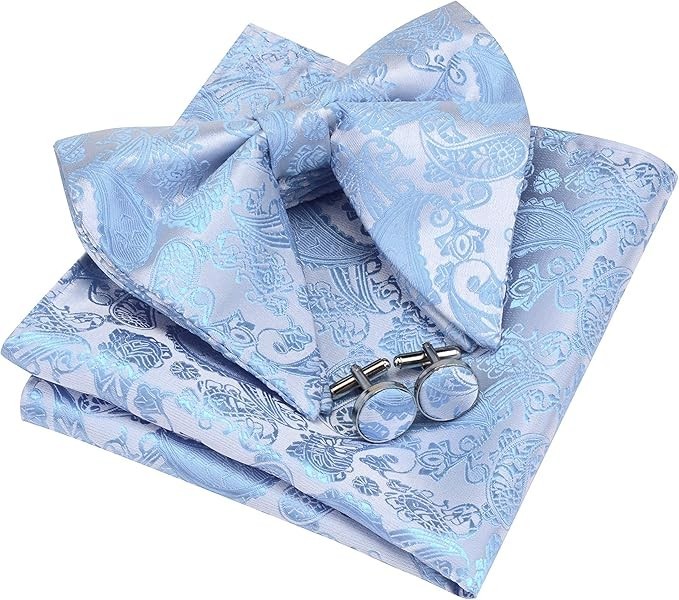 Fashion New Paisley Adjustable Pre-tied Big Bow Tie and Pocket Light Blue