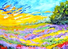 ACEO Artist Trading Card PRINT of  Original Painting Sunset Meadow  2.5" x 3.5"