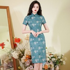 Women Summer Silk Qipao Dress Chinese Traditional Short Cheongsam Party Gown
