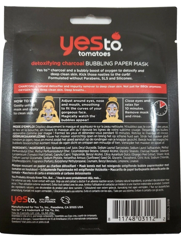 SIM AOS TOMATES CARVÃO DESINTOXICANTE BORBULHANDO 1MÁSCARA DE PAPEL ÚNICA ~ Lote de 4 ~ NOVO! - Imagem 2 de 4