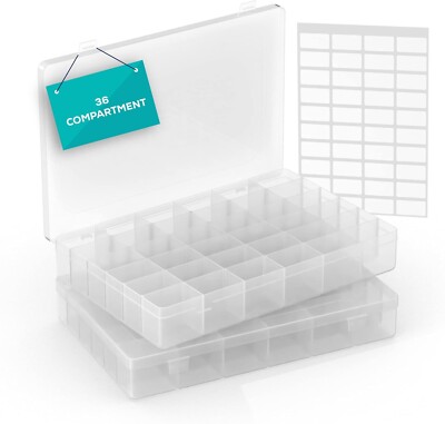 36 Grids Clear Plastic Organizer Box, Craft Storage Container for Beads 2 Pack