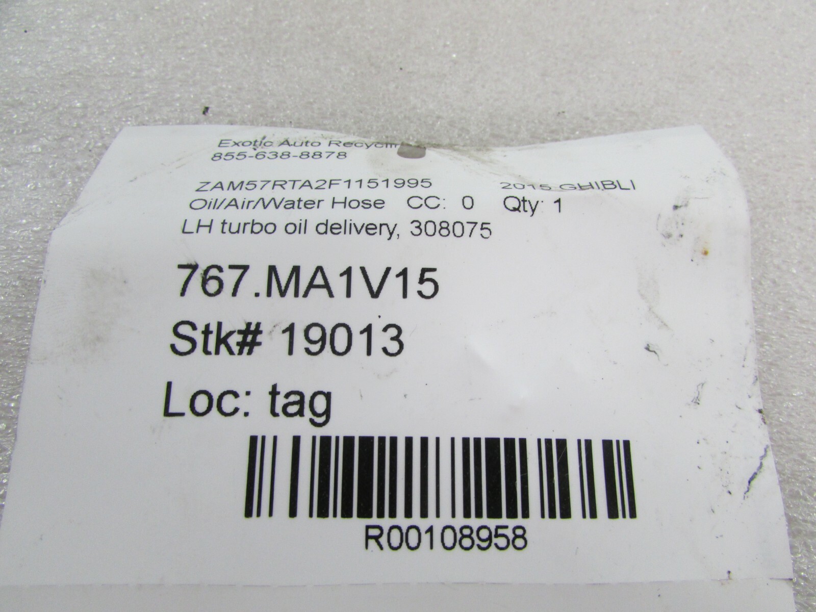 Maserati Ghibli, LH Left Turbo Oil Delivery Hose, Used, P/N 308075
