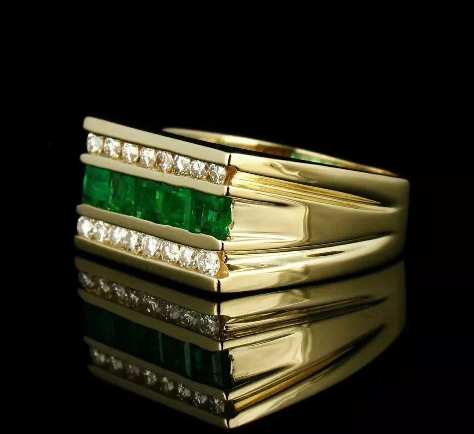 Anillo de boda para hombre de oro de 14 quilates con diamantes y esmeraldas de corte princesa de 2,45 quilates FN Foto 3 de 4