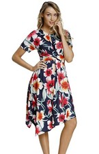 Navy Blue Floral Print Twist Front Handkerchief Hem Dress