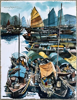 1950s Jake Lee Original Painting Hong Kong Harbor Chinese American Artist